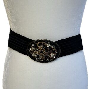 Stretchy Belt interchangeable (see desc) vtg? Decorative Oval Buckle Black Cream
